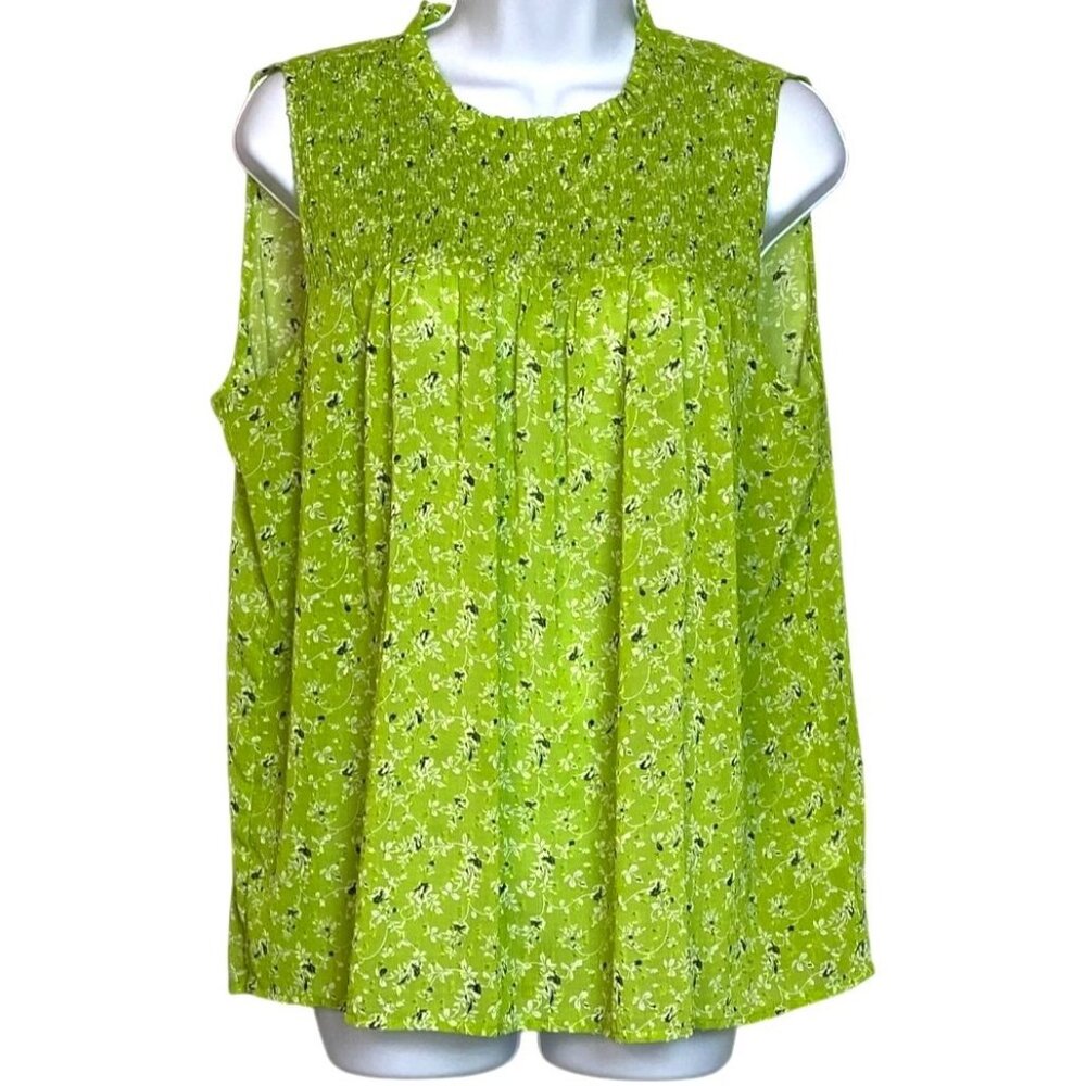 Rachel Zoe Lime Green Smocked Sleeveless Sz Lg Boho Floral Blouse